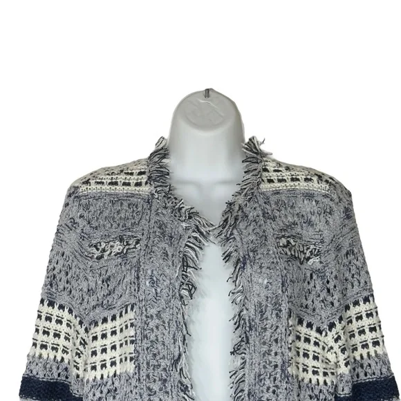 Chicos Blue White Textured Knit Fringe Boho Cottagecore Cardigan Small - Picture 4 of 13